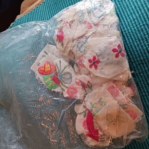 Embroidered Floral Fabric Scraps - Cream and Pink